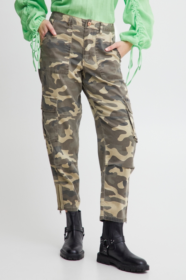 Pulz Bukser - PZANGELA Pant, Green Camouflage Print