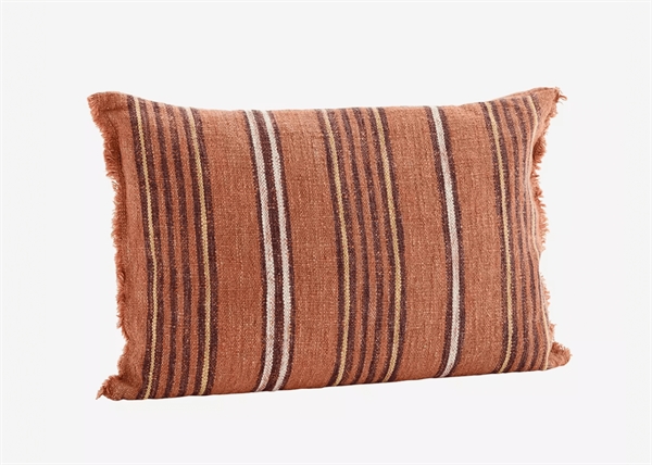 Madam Stoltz Pudebetræk - Striped Cushion Cover w/ Fringes, Brick