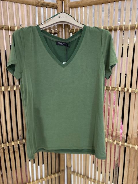 Soaked in Luxury T-shirt - SL Columbine V-neck SS, Garden Green 